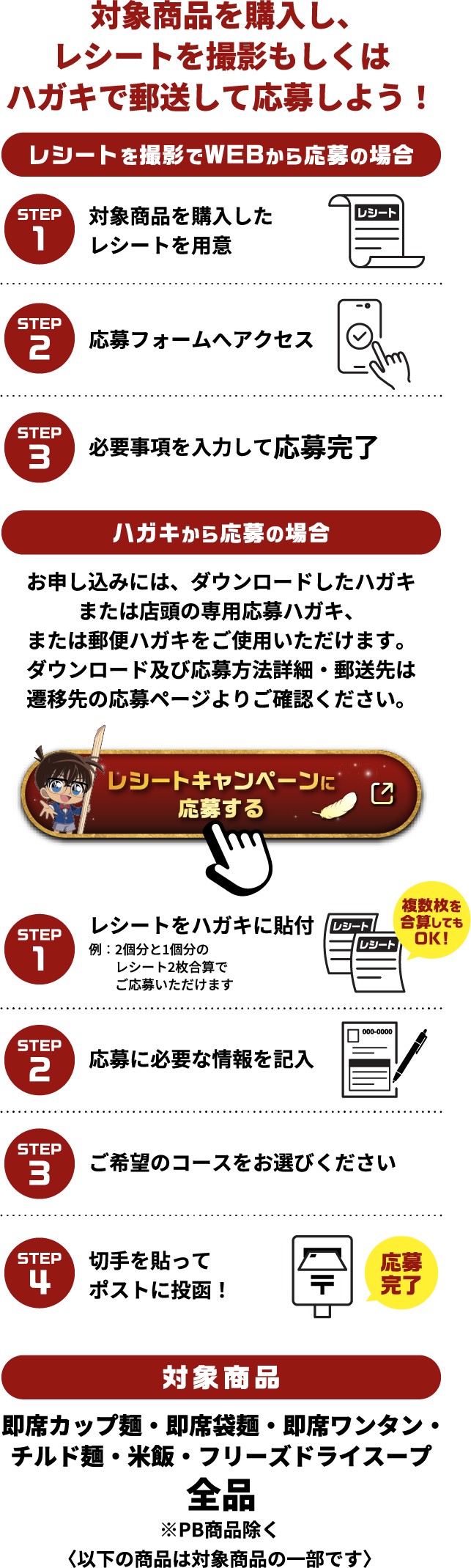 対象商品を購入し、レシートを撮影して応募しよう!レシートを撮影でWEBから応募の場合 STEP1 対象商品を購入したレシートを用意 STEP2 応募フォームへアクセス STEP3 必要事項を入力して応募完了 ハガキから応募の場合 お申し込みには、ダウンロードしたハガキまたは店頭の専用応募ハガキ、または郵便ハガキをご使用いただけます。ダウンロード及び応募方法詳細・郵送先は遷移先の応募ページよりご確認ください。 STEP1 レシートをダウンロードした専用ハガキに貼付 例：2個分と1個分のレシート2枚合算でご応募いただけます 複数枚を合算してもOK! STEP2 応募に必要な情報を記入 STEP3 ご希望のコースをお選びください STEP4 切手を貼ってポストに投函！ ※応募方法詳細・応募規約は遷移先の応募ページよりご確認ください ※専用ハガキは遷移先の応募ページにてダウンロードが可能となります 対象商品 即席カップ麺・即席袋麺・即席ワンタン・チルド麺・米飯・フリーズドライスープ 全品 ※PB商品除く 〈以下の商品は対象商品の一部です〉