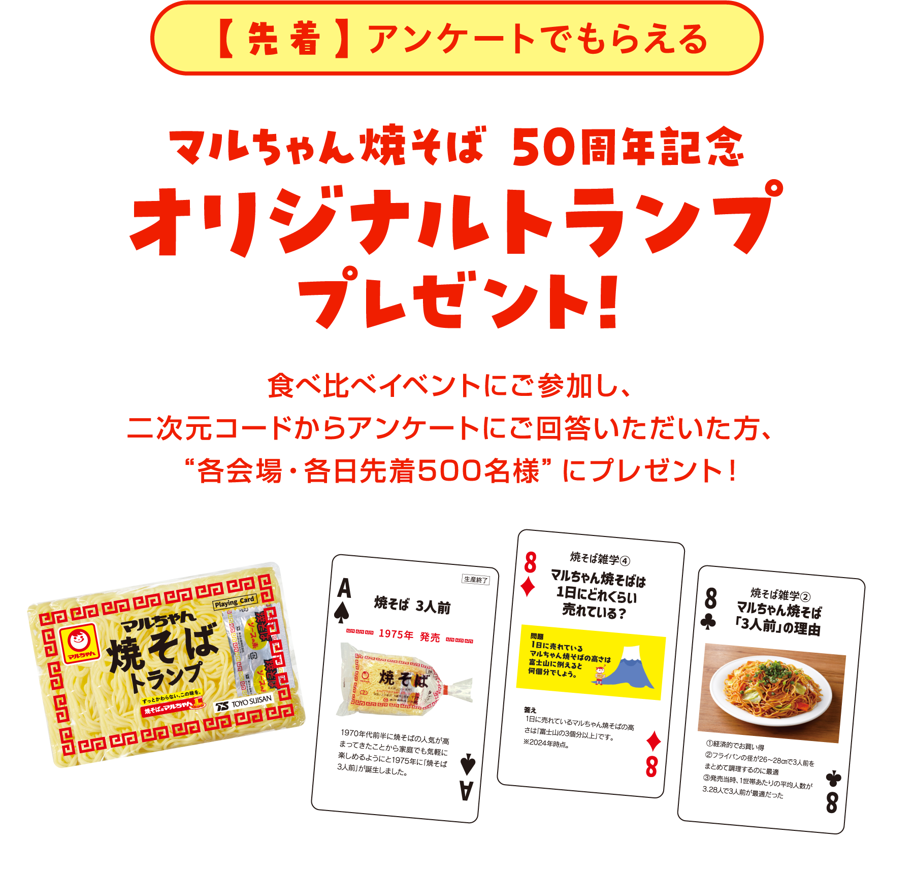【先着】アンケートでもらえる マルちゃん焼そば 50周年記念オリジナルトランププレゼント！ 食べ比べイベントにご参加し、二次元コードからアンケートにご回答いただいた方、“各会場・各日先着500名様”にプレゼント！